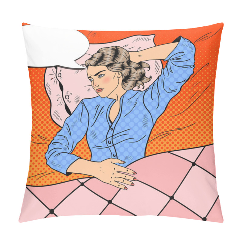 Personality  Sleepless Young Woman Lying In Bed. Insomnia. Pop Art Retro Vector Illustration Pillow Covers