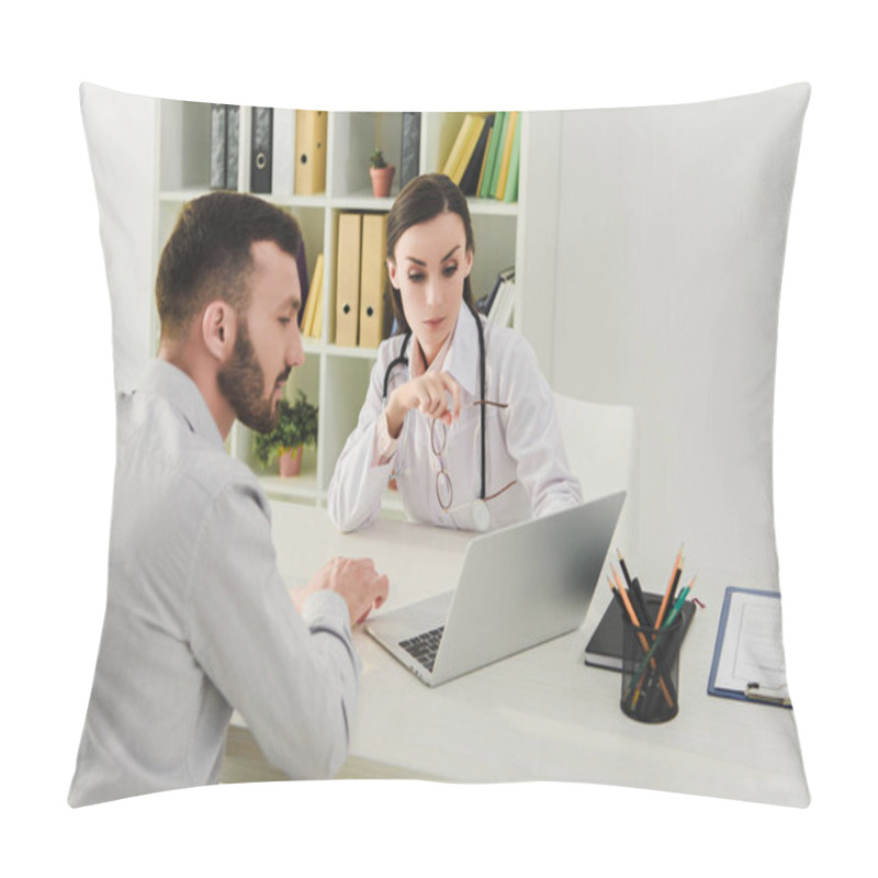 Personality  Female Doctor And Client Discussing Life Insurance And Looking On Laptop Screen In Medical Office Pillow Covers