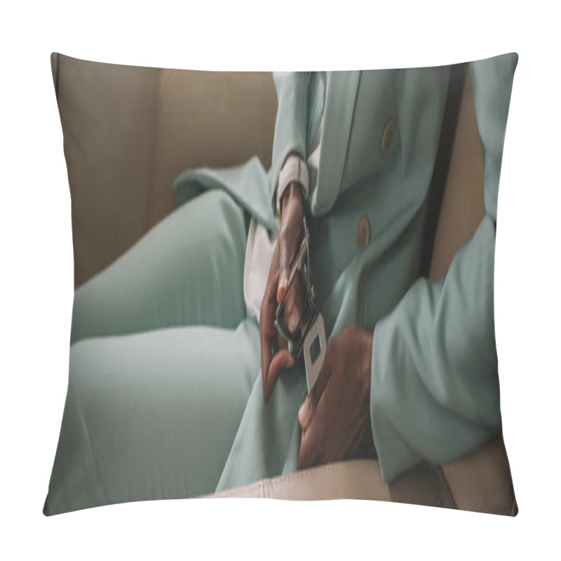 Personality  Cropped View Of African American Businesswoman Fastening Safety Belt In Private Jet Pillow Covers