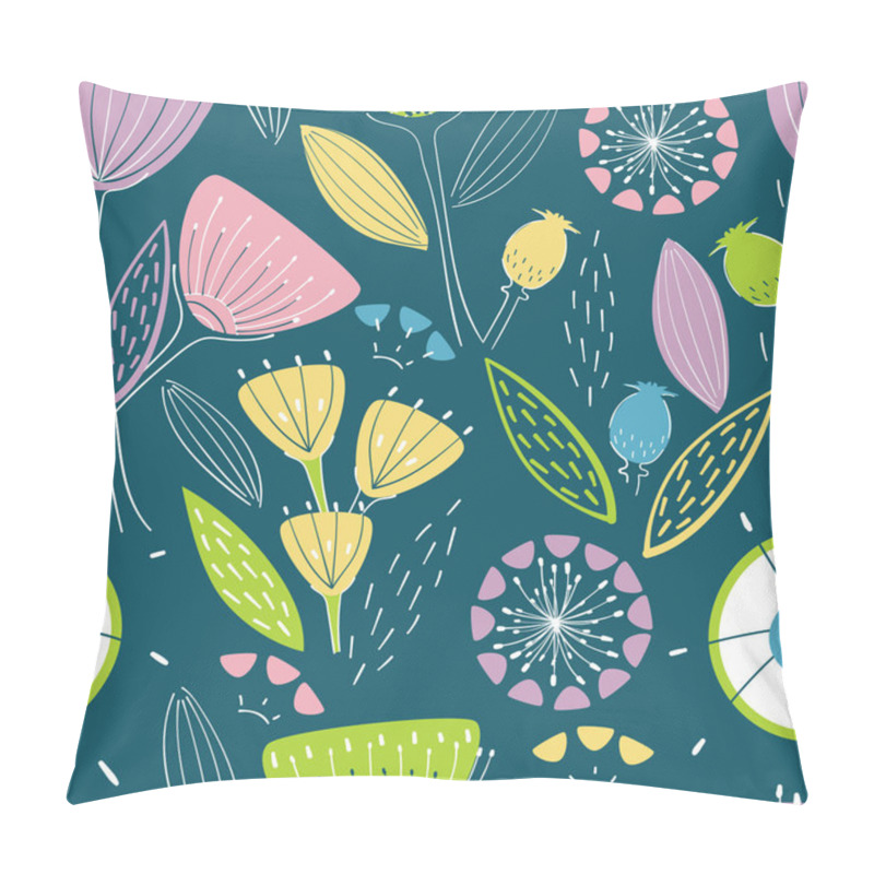 Personality  Seamless Pattern With Different Plants And Leaves Naive Style. Flowers Stylized On Dark Blue Background Pillow Covers