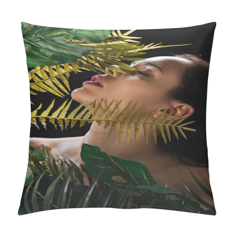 Personality  Sexy Girl With Closed Eyes Near Monstera And Fern Green Leaves Isolated On Black Pillow Covers