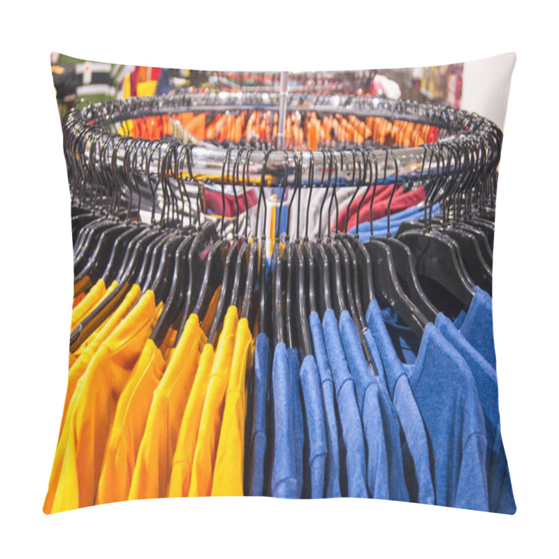 Personality  Clothing Store. Bright Things Hang Neatly On The Black Shoulders. Pillow Covers