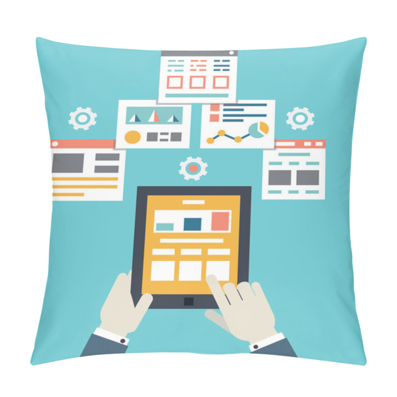 Personality  Flat Vector Illustration Of Mobile Application Optimization, Programming, Design And Analytics Pillow Covers