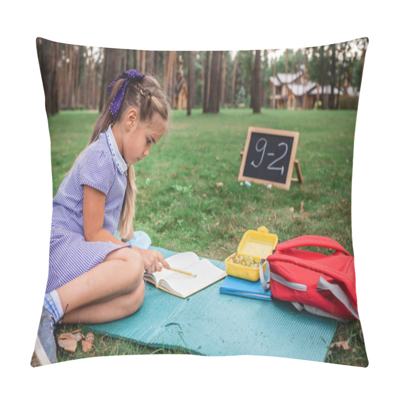 Personality  New Normal Back To School. Elementary Scholars Sitting On The Green Grass During Their Open Air Class In Pandemic Reality. Safe Hybrid Education, Social Distance Rule, New Schooling Guidance  Pillow Covers