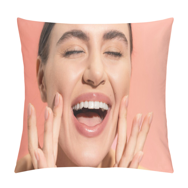 Personality  Close Up View Of Excited Young Woman With Closed Eyes Touching Cheeks Isolated On Pink  Pillow Covers