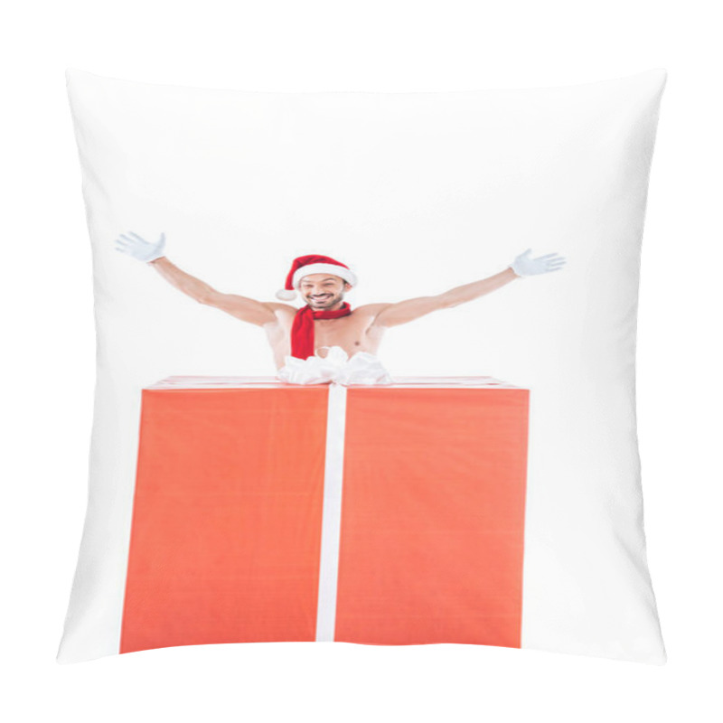 Personality  Happy Shirtless Muscular Man In Christmas Hat Standing With Raised Arms Near Big Gift Box Isolated On White Background Pillow Covers