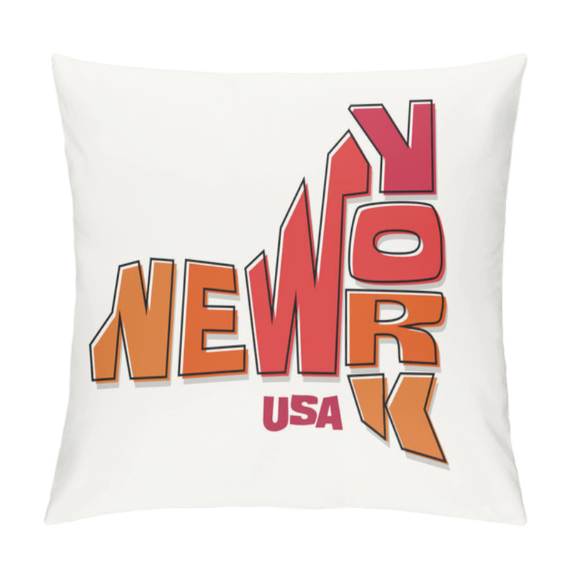 Personality  State Of New York With The Name Distorted Into State Shape. Pop Art Style Vector Illustration For Stickers, T-shirts, Posters, Social Media And Print Media. Pillow Covers