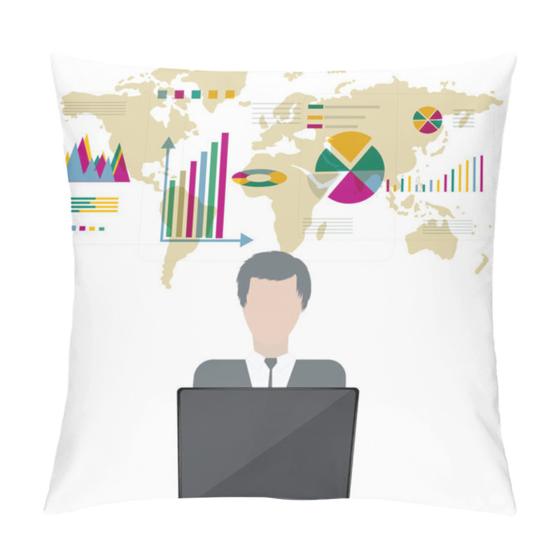 Personality  Businessman, Computer, World Map, Diagrams - Vector. Business Technologies. Data Analysis Pillow Covers