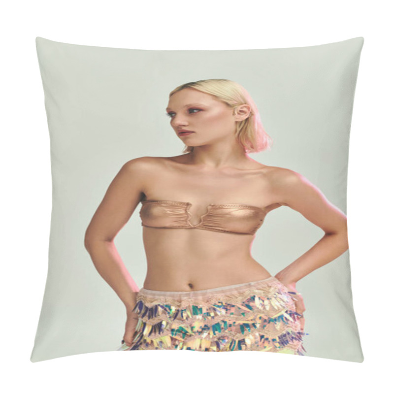 Personality  A Young Woman Confidently Displays Her Dazzling Attire With Holographic Accents. Pillow Covers