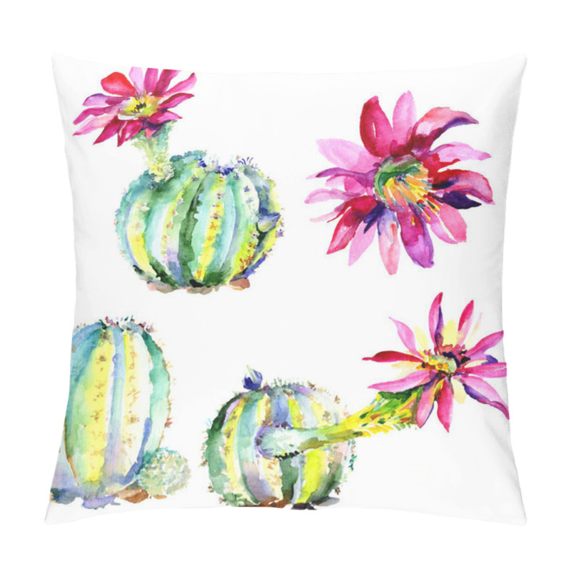 Personality  Green Cactuses With Pink Flowers. Watercolour Drawing Fashion Aquarelle Isolated. Isolated Cacti Illustration Element. Pillow Covers