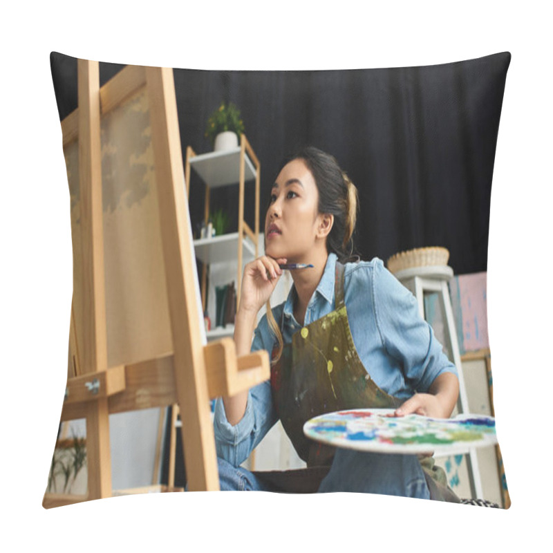 Personality  A Young Asian Woman, Wearing An Apron, Sits In Her Art Studio And Thoughtfully Contemplates Her Next Brushstroke On A Canvas. Pillow Covers