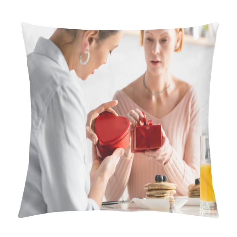 Personality  Selective Focus Of Interracial Lesbian Couple Opening Gift Boxes During Breakfast On Valentines Day  Pillow Covers