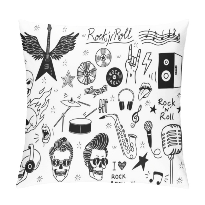 Personality  Rock N Roll Stickers Set. Punk Music Collection. Skulls, Electric Guitar, Headphones And Gesture Hand. Drums, Saxophone And Microphone. Cartoon Flat Vector Illustrations Isolated On White Background Pillow Covers