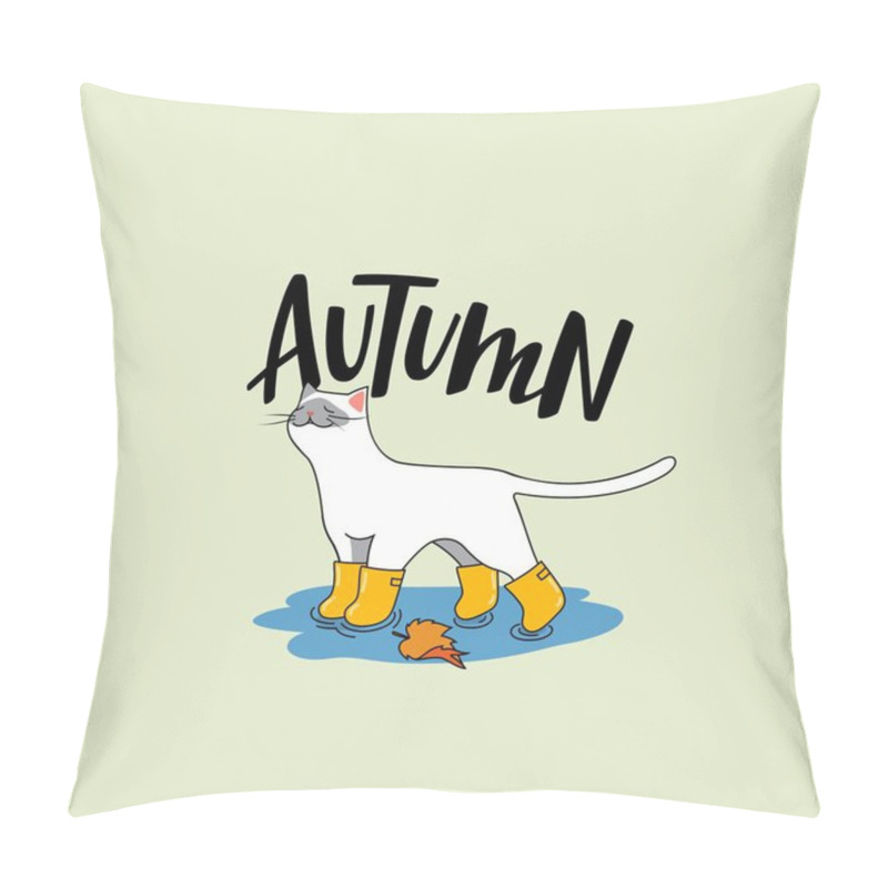 Personality  Cute White Cat With Autumn Accessories. Vector Cartoon Character With Handwritten Lettering Pillow Covers