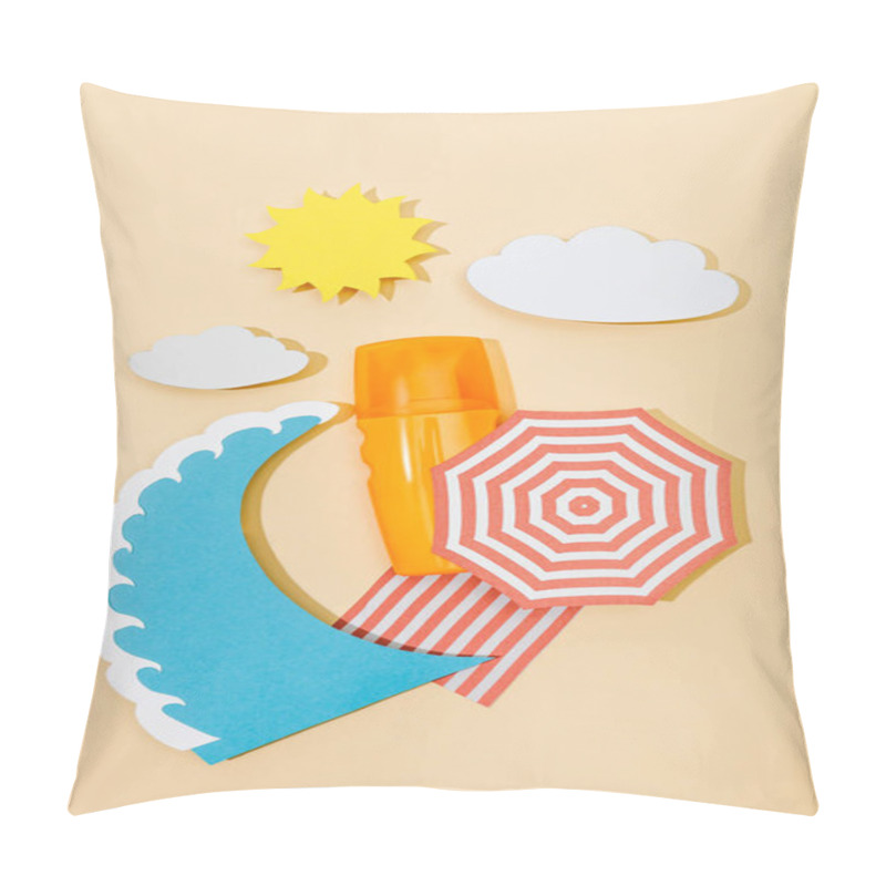 Personality  Top View Of Paper Cut Summer Beach With Sea Wave And Bottle Of Sunscreen On Beige  Pillow Covers