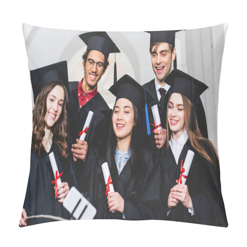 Personality  Cheerful Group Of Students In Graduation Gowns Holding Diplomas While Talking Selfie  Pillow Covers