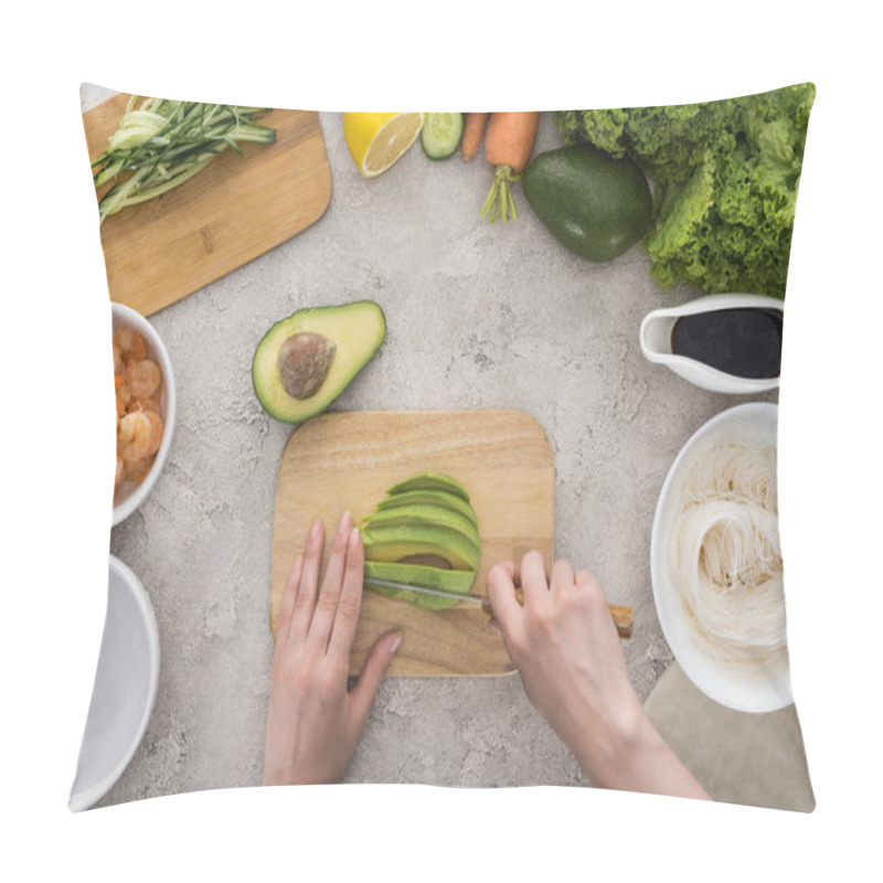 Personality  Top View Of Woman Cutting Avocado With Knife On Cutting Board  Pillow Covers