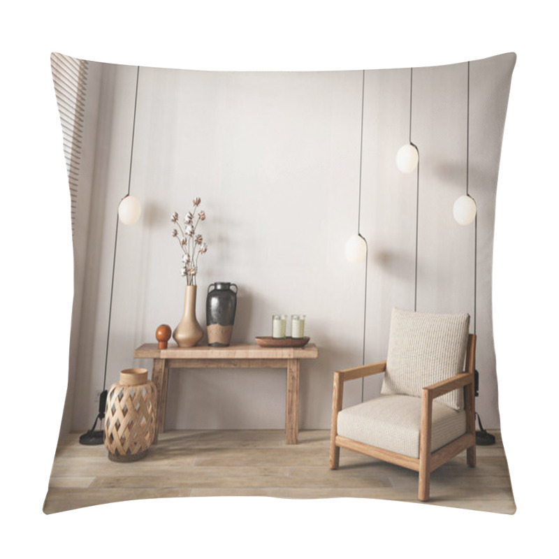 Personality  The Minimalist Design Of This Entryway Is Accentuated By A Sleek Wooden Console, Elegant Hanging Pendant Lights, And A Cozy Armchair, Setting A Modern And Welcoming Tone. 3d Render Pillow Covers