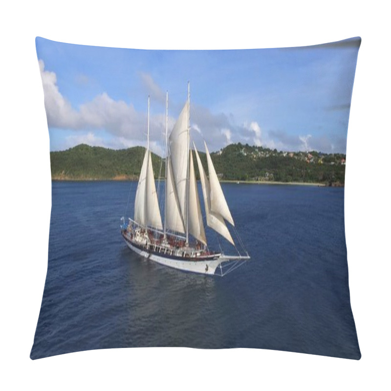 Personality  Vintage Retro Classic Old Sailboat Sailing On Dark Blue Ocean. Travel, Vacation, Voyage, Tropical Paradise Trip, Adventure, Tourism Concept.  Pillow Covers