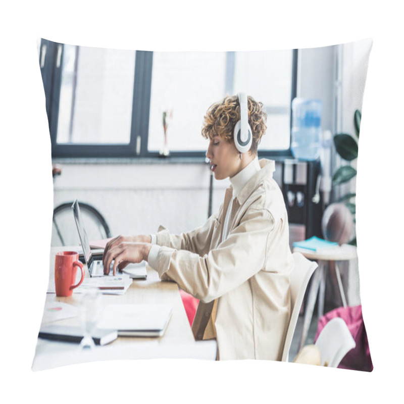 Personality  Handsome It Specialist In Headphones Sitting At Desk And Using Laptop In Loft Office Pillow Covers