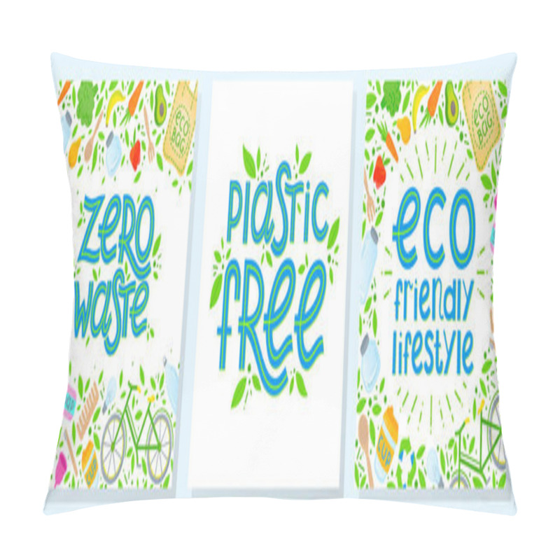 Personality  Set Of Zero Waste Vector Illustrations With Lettering.Healthy Lifestyle Principals.Perfect For Prints,flyers,banners,eco Posters,covers,typography Design And More.Live Green, Go To Zero Waste. Pillow Covers