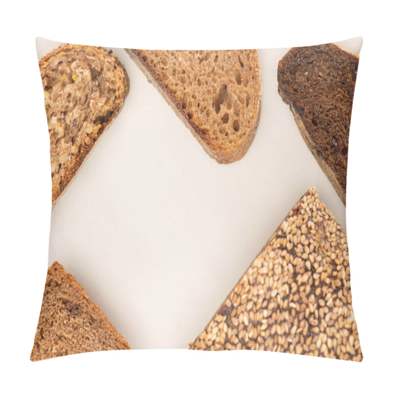 Personality  Top View Of Fresh Whole Wheat Bread Slices And Loaf On White Background Pillow Covers