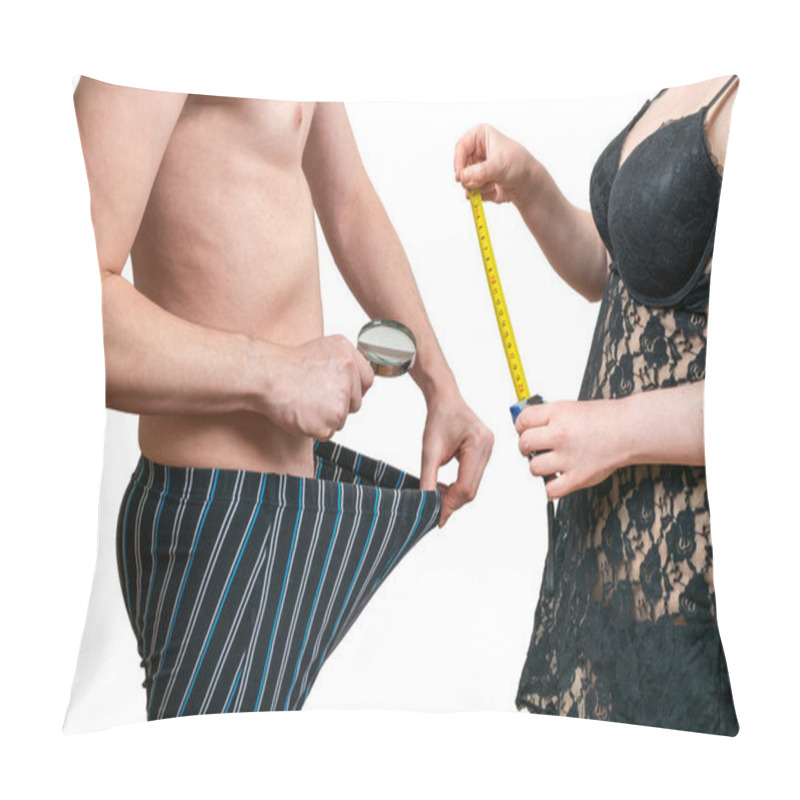 Personality  Sexy Woman With Tape Is Going To Measure Size Of Her Lovers Penis. Isolated On White Background. Pillow Covers