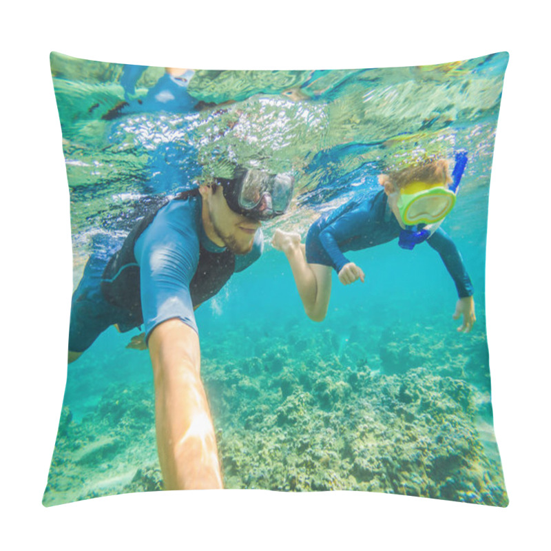 Personality  Happy Family - Active Kid In Snorkeling Mask Dive Underwater, See Tropical Fish In Coral Reef Sea Pool. Travel Adventure, Swimming Activity On Summer Beach Vacation With Child Pillow Covers