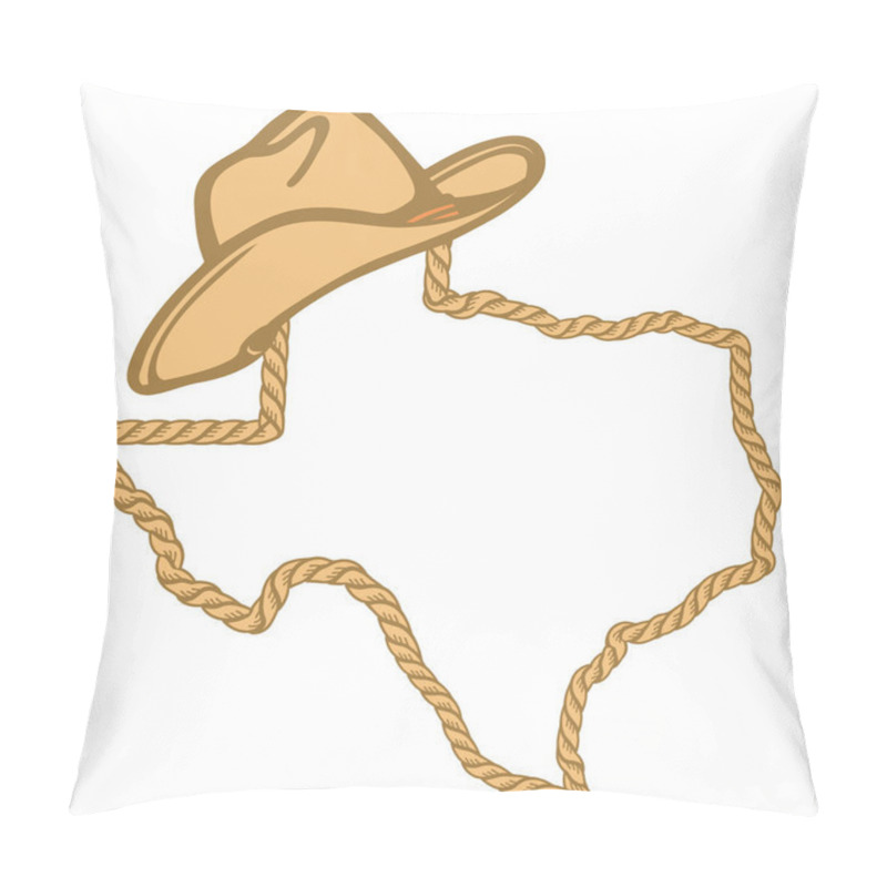 Personality  Texas Map With Lasso Rope Frame And Cowboy Hat Isolated On White For Design. Texas Color Sign Symbol Pillow Covers