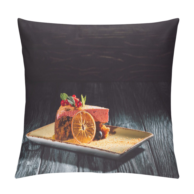 Personality  Carrot Cake With Berry Filling And Orange Slice On Plate On Wooden Table Pillow Covers