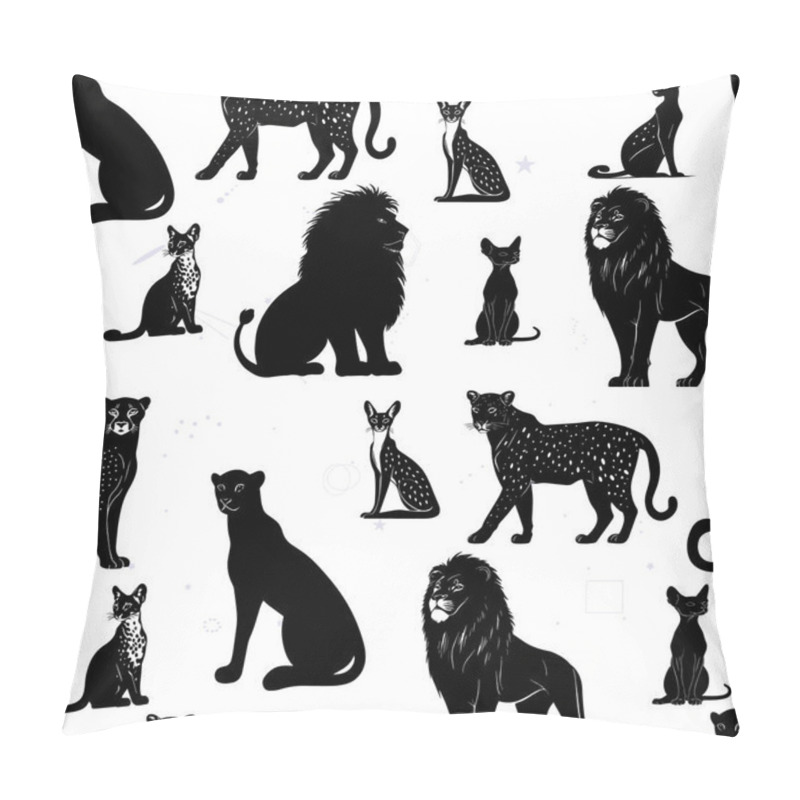 Personality  Seamless Pattern Of Big Cats On Gray Background. Silhouettes Of Lions, Leopards, And Wild Cats Design. Mystical Big Cat Pattern With Stars And Geometric Pillow Covers