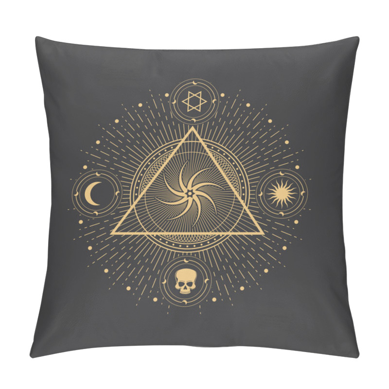 Personality  Pentagram Symbol, Magic Occult And Esoteric Star And Circle In Vector Pyramid. Alchemy And Tarot Symbol Of Moon, Sun And Skull Icons In Mystic Gold Wheel In Triangle, Astrology And Scared Geometry Pillow Covers