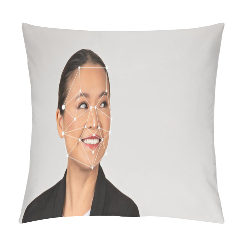 Personality  Asian Businesswoman Wearing A Black Jacket Smiles Confidently While Facial Recognition Technology Overlays Geometric Markings On Her Face. This Showcases Advancements In Artificial Intelligence. Pillow Covers