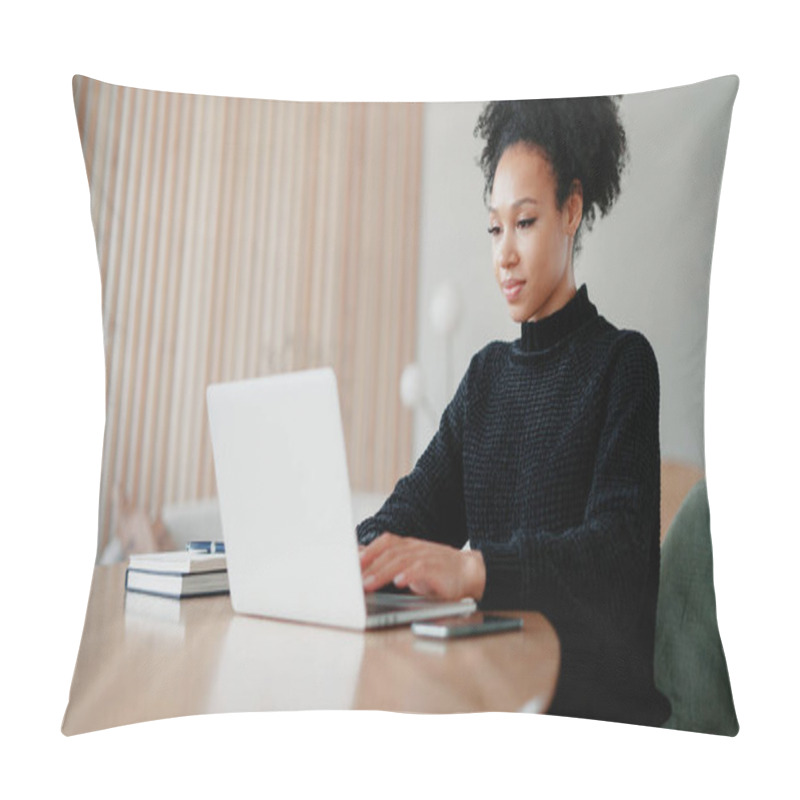 Personality  A Satisfied Freelance Student Reads A Message In A Laptop Device Pillow Covers