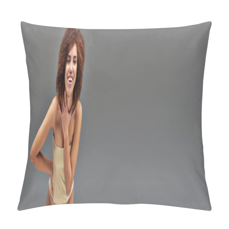 Personality  Happy Attractive African American Woman In Pastel Underwear Smiling Cheerfully, Fashion, Banner Pillow Covers