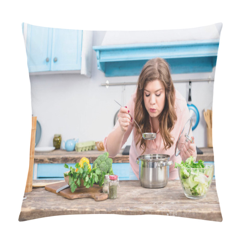 Personality  Portrait Of Young Overweight Woman Cooking Soup In Kitchen At Home Pillow Covers