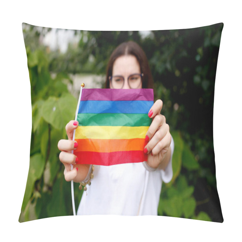 Personality  The Concept Of LGBT Rights, The Hand Holds The LGBT Flag, Against The Backdrop Of Nature. A Young Girl With A LGBT Flag In Nature.  Pillow Covers