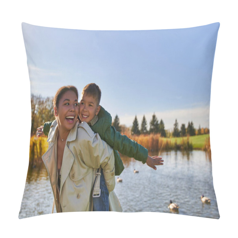 Personality  Candid, Free Spirit, Joyful Mother Piggybacking Son, African American Woman And Boy, Autumn Season Pillow Covers