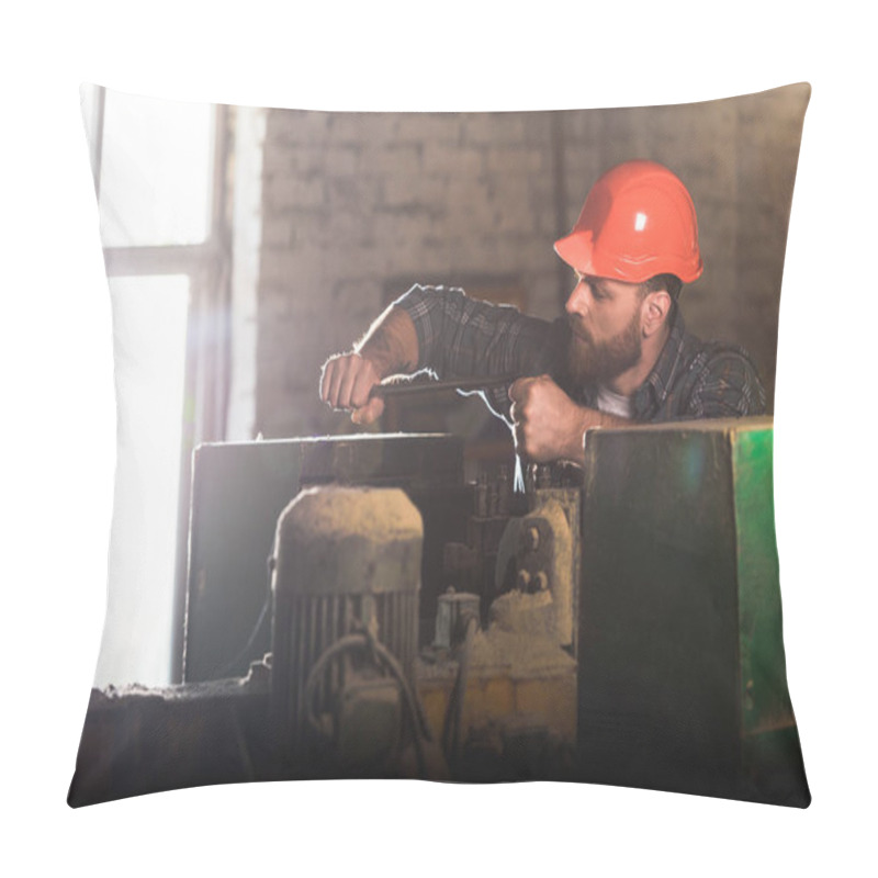 Personality  Bearded Worker In Protective Helmet Repairing Machine Tool At Sawmill  Pillow Covers