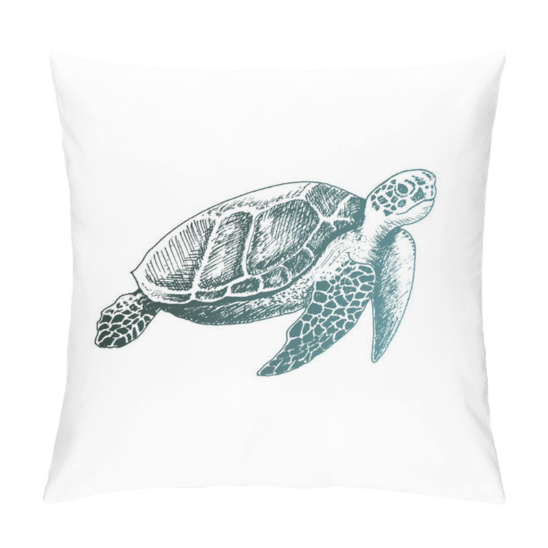 Personality  Loggerhead Turtle With Strong Armor Swimming Deep Underwater Vector Sketched Illustration Pillow Covers