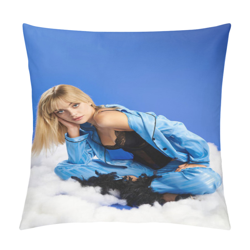 Personality  Blonde Woman In Vibrant Attire Sits Atop Fluffy Clouds In A Blue Sky. Pillow Covers