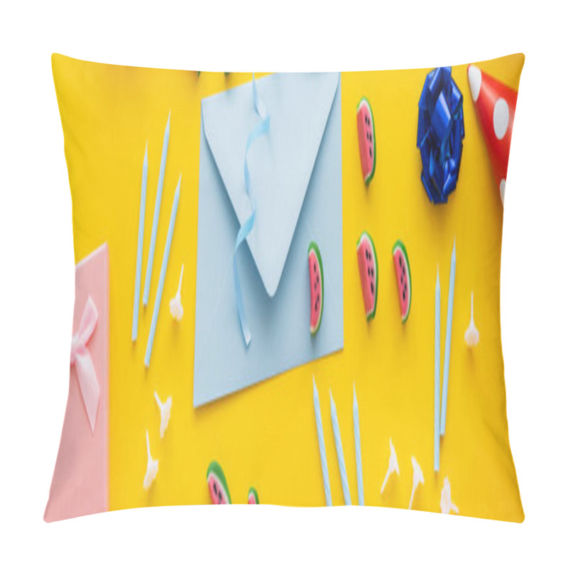 Personality  Top View Of Sweets Near Envelope And Festive Candles On Yellow Background, Banner  Pillow Covers