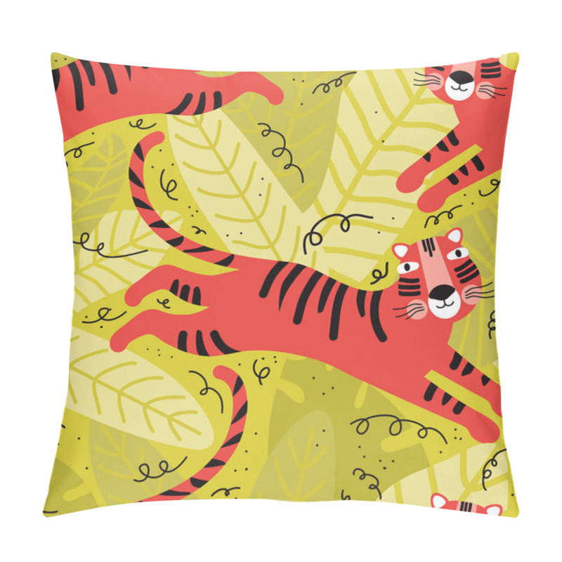 Personality  Seamless Pattern Cute Tiger In The Jungle. Funny Cartoon Character Wild Animal. Background Cute Wild Cats In Tropical Leaves. Scandinavian Style Flat Design. Rainforest, Savannah Animal. Zoo, Safari Pillow Covers