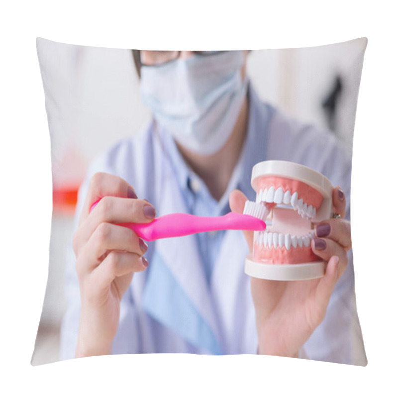 Personality  Woman Dentist Practicing Work On Tooth Model Pillow Covers