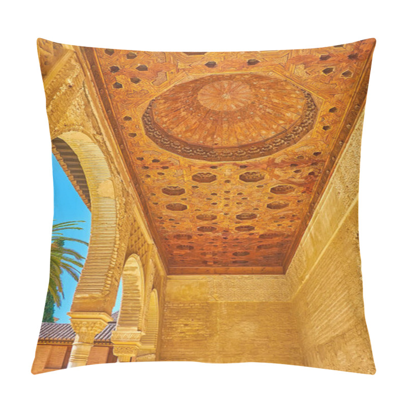 Personality  GRANADA, SPAIN - SEPTEMBER 25, 2019: The Carved Wooden Ceiling And Dome Of Partal Palace Portico Of Alhambra, Decorated With Geometric And Stellar Islamic Ornaments, On September 25 In Granada Pillow Covers