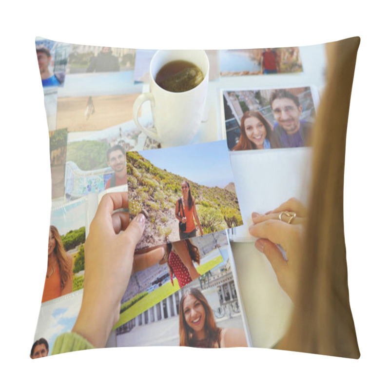 Personality  Young Woman Watching At Her Printed Photos, Remember Nostalgia For A Day Of Rest Pillow Covers