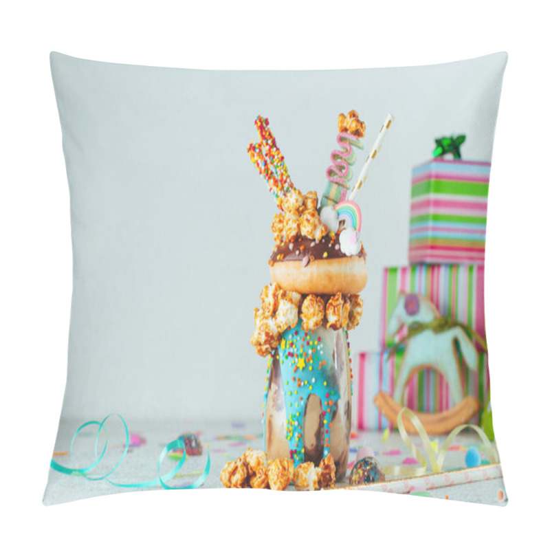 Personality  Kids Party Concept: Chocolate Freak Shake Topping With Donut And Caramel Popcorn On The Party Table Near Rocker Horse Toy And Gifts With Copy Space; Selective Focus Pillow Covers