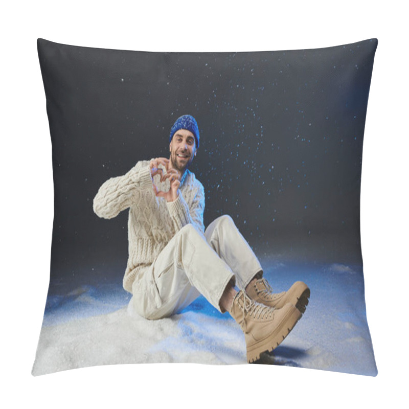 Personality  A Cheerful Young Man In A Cozy Sweater And Boots Plays In The Fresh Snow Under Evening Lights. Pillow Covers