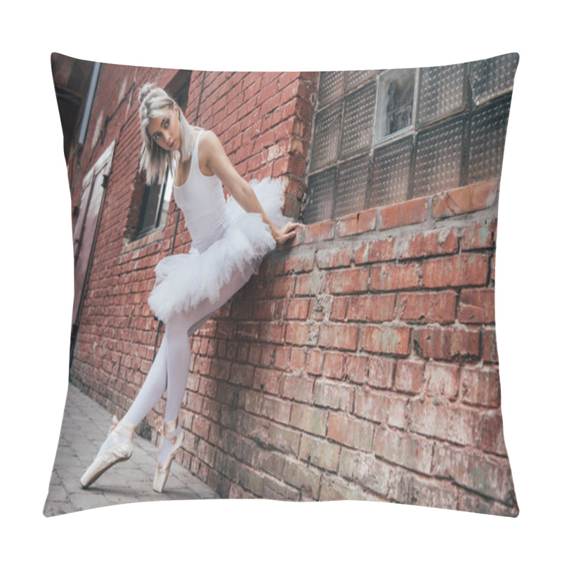 Personality  Beautiful Young Ballerina Leaning At Brick Wall And Looking Away Pillow Covers