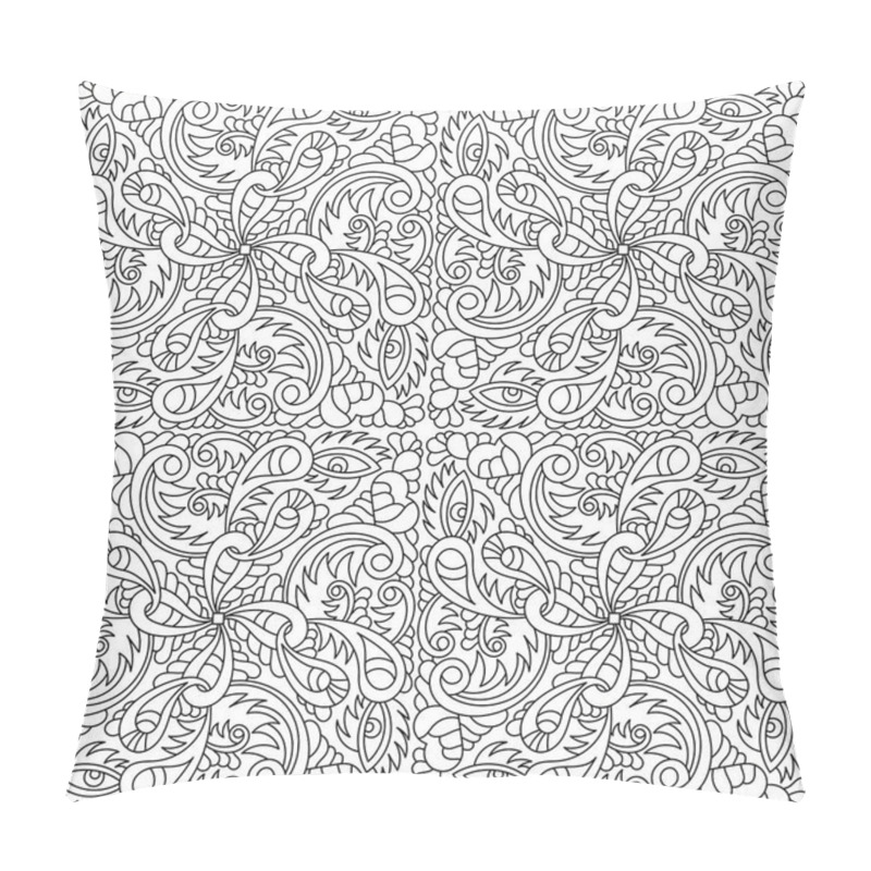 Personality  Hand-drawn Seamless Pattern With Abstract Elements . Curls, Hearts, Eyes. Psychedelic Background . For Fabric, Wallpaper, Phone. Black And White Vector Pillow Covers